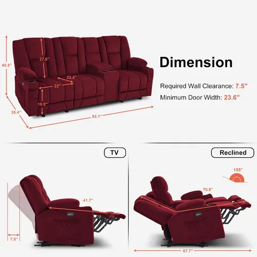 Vista 3 de MCombo Sofá reclinable eléctrico de gravedad cero con consola, masaje con calor y vibración, sofá reclinable de 3 plazas con puertos USB, portavasos