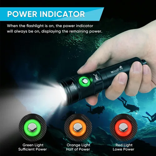 Vista 4 de Linterna de buceo WindFire, linterna impermeable para buceo 262 pies bajo el agua, linterna recargable para snorkel con 4 modos y indicador