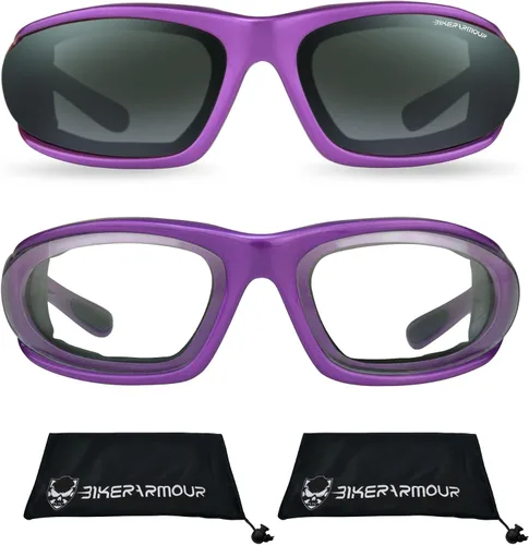 Vista 17 de Bikershades Gafas de montar en motocicleta con montura morada, pequeñas para mujeres y niñas 2 pares transparentes