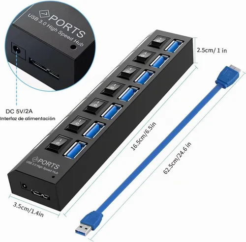 Vista 11 de vienon Hub 3.0, extensor USB de 7 puertos con interruptores LED individuales de encendido/apagado, concentrador USB3.0 para laptop, PC, MacBook, Mac