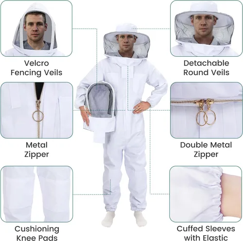 Vista 2 de Trajes de abeja para hombres y mujeres, trajes de apicultor con guantes y 2 capucha de velo a prueba de picaduras, traje de apicultura de cuerpo
