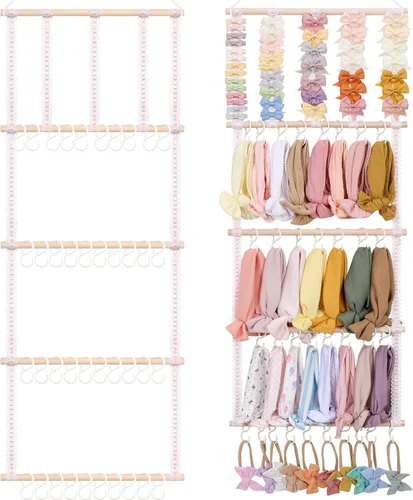 Vista 7 de POVETIRE Organizador de lazos para el pelo con soporte para diadema para niñas, organizador de almacenamiento para diademas y accesorios para bebé