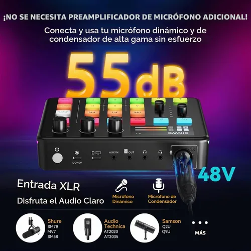 Vista 8 de [Usado] Mezclador de audio para gaming SINWE G1, interfaz de audio RGB con preamplificador profesional, Bluetooth, mezclador de PC para streaming