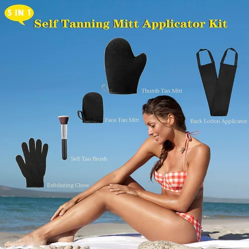 Vista 5 de Paquete de 5 aplicadores de manopla autobronceadora – Manopla bronceadora facial, aplicador de loción para la espalda, guante exfoliante, cepillo