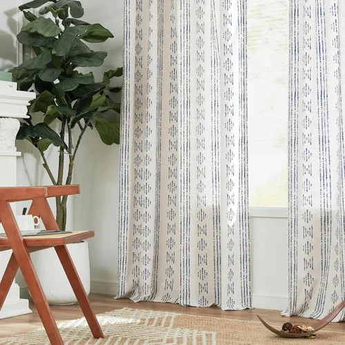 Vista 8 de Vangao - Cortinas boho azul con rayas, cortinas de granja geométricas de mudcloth de lino de 63 pulgadas de largo para sala de estar, tratamientos