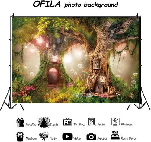 Vista 2 de Telón de fondo de bosque de hadas de 7 x 5 pies, bosque encantado, selva, fondo de fotografía para baby shower, niños, jardín mágico, cuento