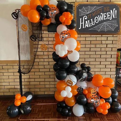 Vista 5 de Globos de látex para fiesta de Halloween de 12 pulgadas con confeti para celebración, fiesta, bar, aniversario, decoración, color negro, naranja
