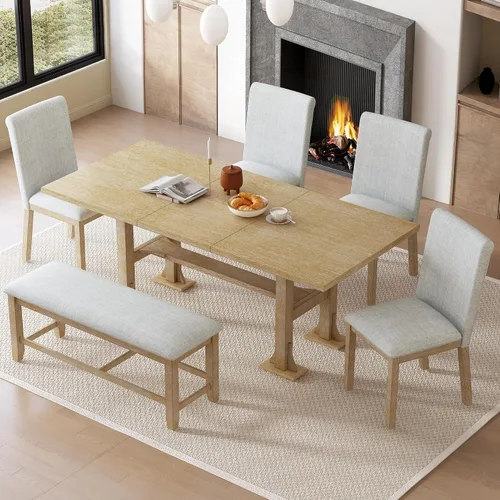 Vista 20 de JIVOIT Farmhouse 6 Piece Dining Table Set, Counter Height Table Set with 4 Chairs and a Bench, Rubber Wood Expandable Bar Table Set with Rivet Gris-3