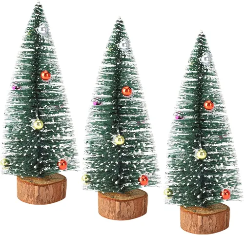 Vista 9 de 3 mini árboles de Navidad artificiales de sisal esmerilado de 5.9 pulgadas, árboles de cepillo para botellas con bases de madera y bolas de adornos