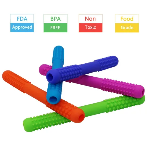 Vista 2 de Tubos de dentición huecos para bebés, niñas y niños, paquete de 6 tubos de silicona para bebés con mordida de lactancia, pajitas masticables