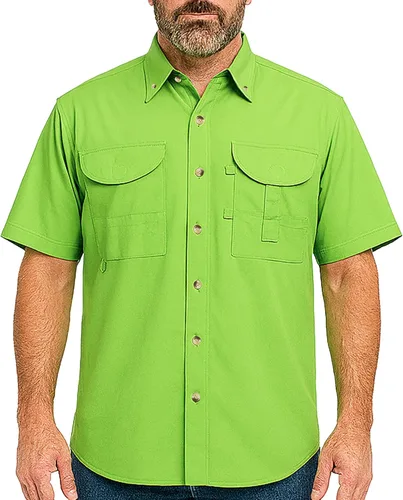 Vista 28 de Camisa de manga corta con botones de pesca para hombre, transpirable, para exteriores, casual, ligera