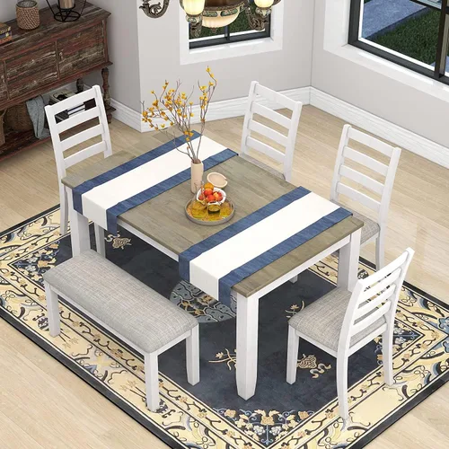 Vista 122 de Juego de mesa de comedor vintage de 6 piezas, juego de mesa de comedor de cocina de madera maciza con 4 sillas ergonómicas acolchadas y banco, mesa