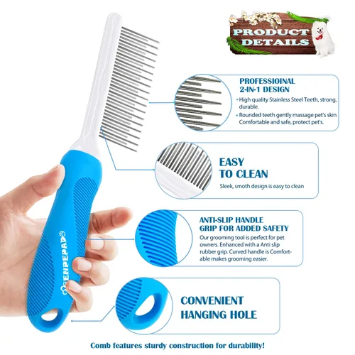 Vista 2 de GENPEPADO Peine de aseo para perros y gatos con dientes finos de metal de acero inoxidable largos y cortos para desenredar el cabello enmarañado
