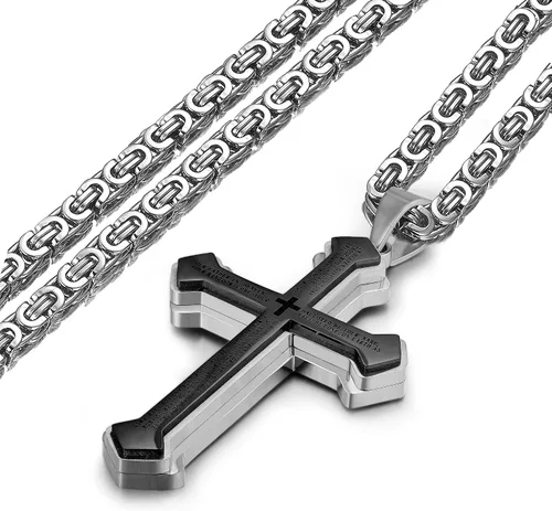 Vista 2 de Collar con colgante de cruz de Jesucristo grande de acero inoxidable para hombre con cadena bizantina de 22, 24, 26 pulgadas, negrodoradoplata