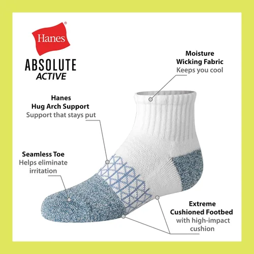 Vista 3 de Hanes Calcetines para niño, tobillos, tripulación y invisibles, paquete de 6, calcetines deportivos acolchados Absolute Active para niños, absorben