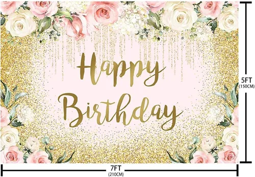 Vista 5 de Sendy Telón de fondo de feliz cumpleaños de 7 x 5 pies con purpurina dorada para decoración de fiesta de cumpleaños para niña y mujer, princesa, Rosa