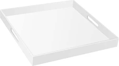 Vista 10 de Bandeja de servir de acrílico transparente de 18 x 16 pulgadas con asas, bandeja otomana extra grande, bandeja decorativa a prueba de derrames, mesa