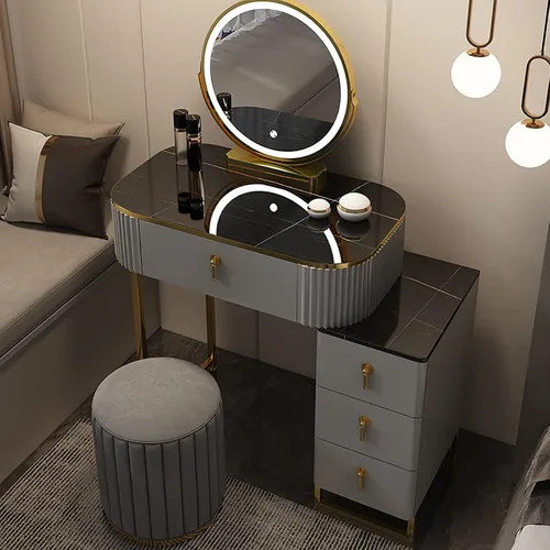 Vista 9 de Juego de mesa de tocador de maquillaje con 3 modos, espejo iluminado ajustable, 5 cajones, mesa de maquillaje con taburete acolchado suave, tocador