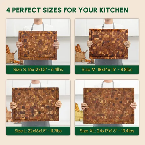 Vista 5 de Tabla de cortar de madera de teca de grano final (M, 18x14x1.5"), tablas de cortar de madera para cocina con ranura para jugo y agarre manual, tabla