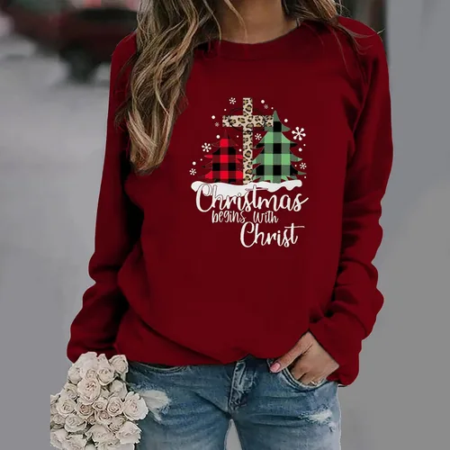 Vista 3 de SIUMOPA Sudadera de Navidad para mujer con estampado de letras de Cristo, sudadera casual con cuello redondo y manga raglán