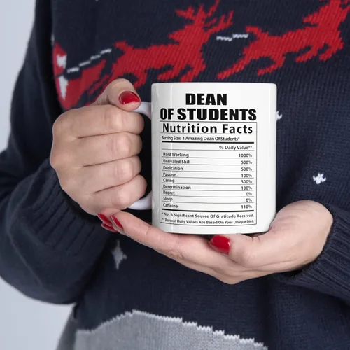 Vista 8 de Taza de café divertida de decano de estudiantes con datos nutricionales, regalos de cumpleaños, taza de nutrición de Navidad 2026, color blanco