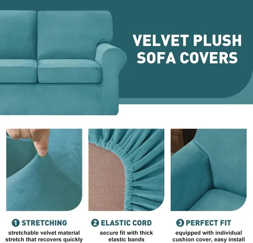 Vista 4 de vctops Funda elástica de terciopelo para sofá de 3 plazas, 7 piezas, suave, lavable, con respaldo individual y fundas de cojín para niños, gatos
