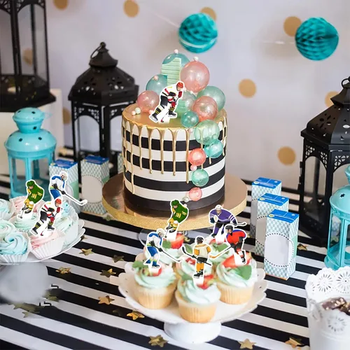 Vista 6 de 48 piezas de decoración de cupcakes de hockey para jugador de hockey sobre hielo para fiestas temáticas de hockey sobre hielo, fiestas temáticas