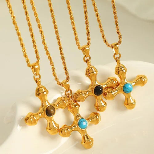 Vista 2 de Vintage-style versatile creative cross pendant necklace and earrings with tiger's eye stone for women