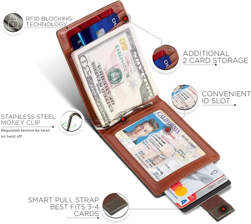 Vista 4 de SERMAN BRANDS - Billetera sencilla de cuero genuino con bloqueo RFID para hombre, billetera delgada con bolsillo frontal y clip para dinero