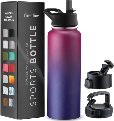 Vista 16 de FineDine Botellas de agua aisladas de triple pared con popote, botella de metal de acero inoxidable de 25 onzas con 3 tapas a prueba de fugas