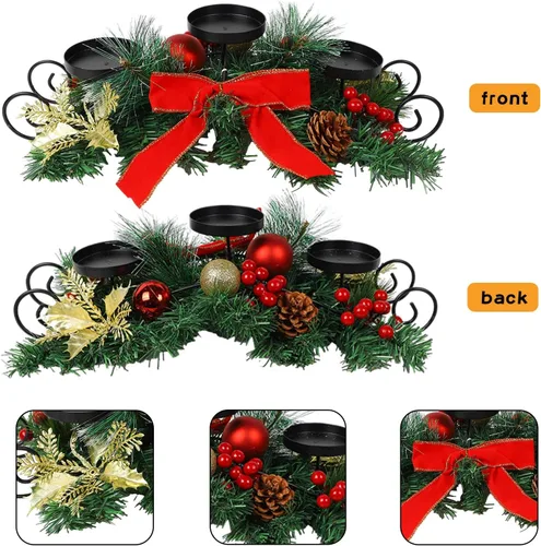 Vista 5 de MorTime - Portavelas de Navidad para centro de mesa, decoración de mesa de Navidad con lazo rojo, bayas, piñas, centro de mesa con base de acero