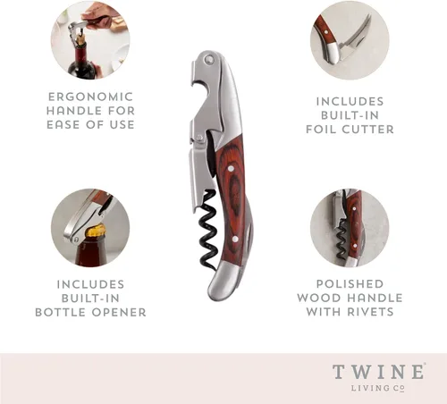 Vista 2 de Twine Sacacorchos de doble bisagra con abridor de botellas integrado y cortador de papel de aluminio, acero inoxidable duradero con mango de madera