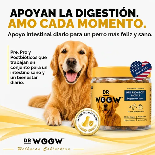 Vista 2 de Dr. Woow Pre, Post y probióticos para perros Apoyo digestivo para perros 90 masticables 3 mil millones de UFC de probióticos para perros de 7