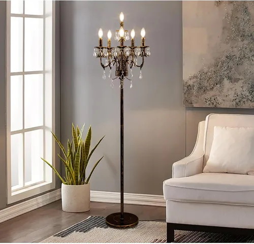 Vista 5 de Lámpara de pie de bronce Wellmet para esquina de sala de estar, lámpara de pie de granja de 6 luces, lámpara de pie alta de cristal con interruptor