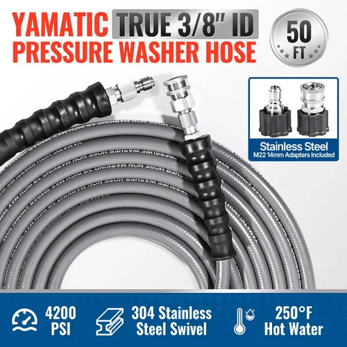 Vista 2 de YAMATIC Manguera de lavado a presión de 3/8 pulgadas, 50 pies, 4200 PSI, acero inoxidable 304 giratorio de conexión rápida con adaptadores M22