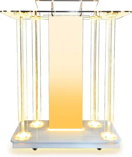 Vista 10 de Púlpito de Iglesia Personalizable con Logo y Texto, Atril con Soporte, Podium Transparente de Acrílico LED con Ruedas y Plataforma de Lectura