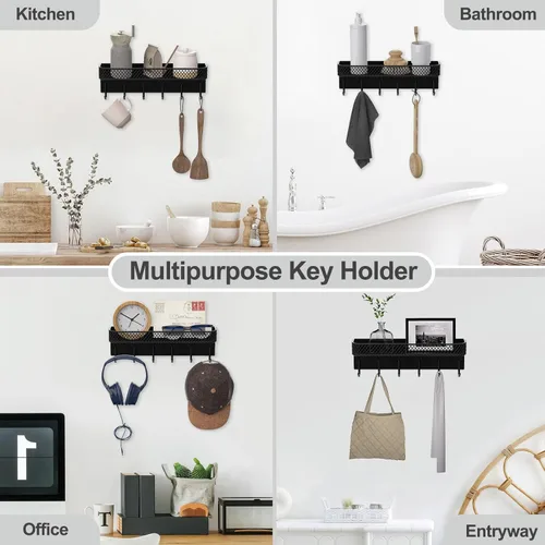 Vista 6 de Lwenki Soporte para llaves de pared – Colgador decorativo de acero inoxidable con 6 ganchos para sombreros, bolsos, correas – Organizador de correo