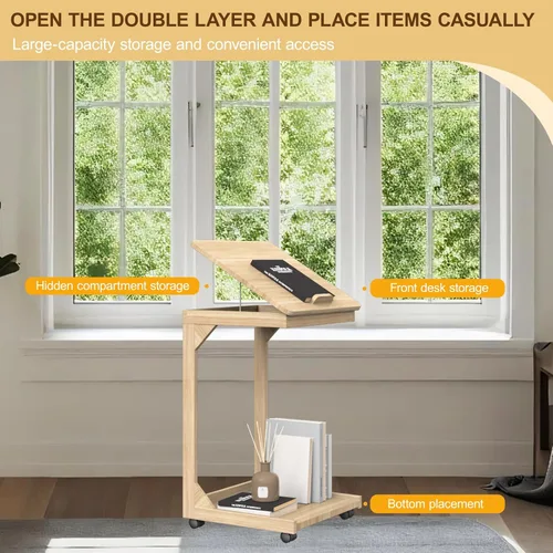 Vista 5 de Mesa de sofá en forma de C, mesa auxiliar con ruedas giratorias de 360°, escritorio inclinable ajustable de 40° para sofá, laptop, café, mesa C