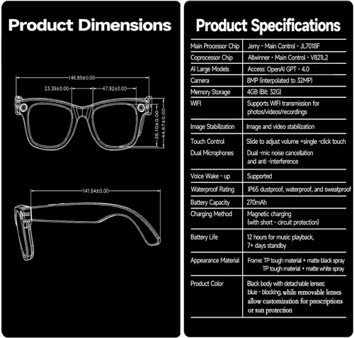 Vista 7 de Gafas inteligentes con cámara, 8MP HD AI Smart Glasses 1080P Video Recording Glasses con asistente de voz, traducción en tiempo real, asistente
