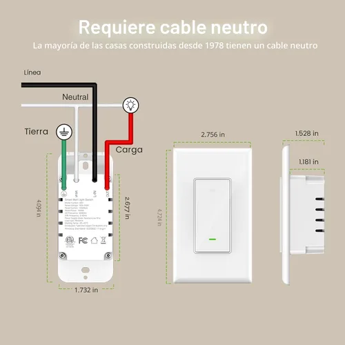 Vista 7 de Interruptores inteligentes GHome Smart para luces, interruptor de luz WiFi inteligente funciona con Alexa y Google Home, un solo polo, requiere