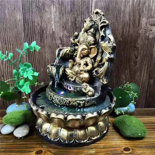 Vista 4 de Estatuas de Ganesha Fuente de Agua Interior, Estatua de Buda Elefante Fuente de Mesa con Bola Rodante, Fuente Zen para Decoración de Escritorio