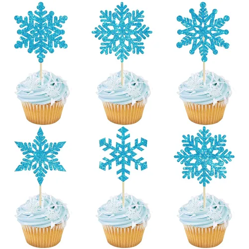 Vista 10 de Gyufise 24 adornos de copos de nieve Oh Baby para cupcakes con purpurina azul, decoración de pastel de baby shower congelado para baby shower