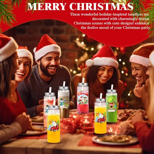 Vista 5 de Skylety 24 piezas de grandes tazas reutilizables de Navidad con tapas y popotes, 17 onzas, vasos de plástico transparente, tazas de Papá Noel
