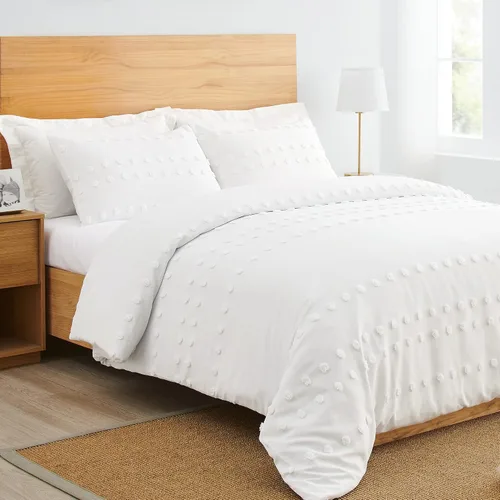 Vista 12 de Juego de ropa de cama de 2 piezas con borlas copetudas de macramé blanco y rosa bohemio, bohemio, elegante, tamaño individual/individual XL, funda