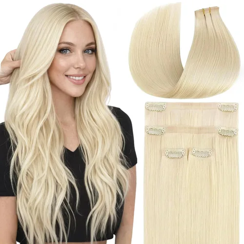 Vista 31 de Full Shine Extensiones de Cabello Rubio con Clip Reflejos Cabello Humano Extensiones con Clip Rubio Ceniza Mezcla Rubio Decolorado PU Extensiones