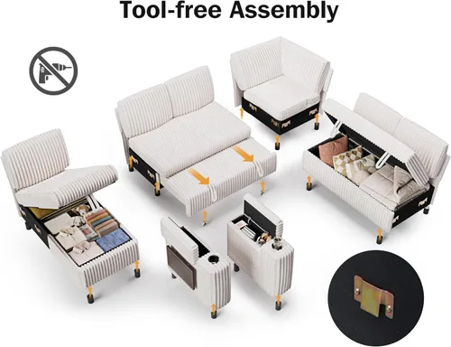 Vista 4 de WEUP Sofá cama modular de 111 pulgadas con cama extraíble, sofá de pana de felpa en forma de L de 7 asientos con diván de almacenamiento, puertos