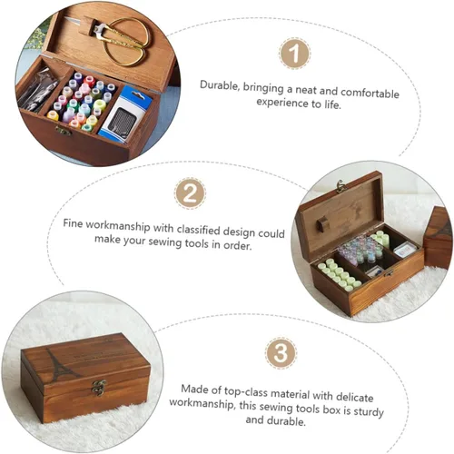 Vista 3 de VOSAREA Caja de costura de madera de arte retro caja de costura extra grande Scissor Thread Storage
