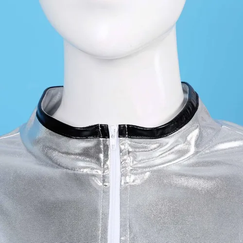 Vista 4 de Sywiyi Disfraz de astronauta para adultos, para mujeres y hombres, con cremallera metálica brillante, traje espacial plateado