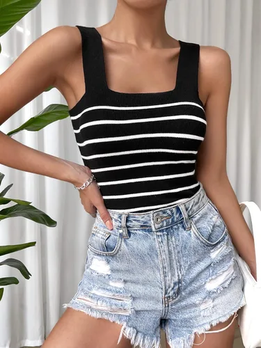 Vista 4 de SOLY HUX Women's Square Neck Tank Top Basic Ribbed Knit Cami Casual Sleeveless Slim Fit Tops Black Striped M