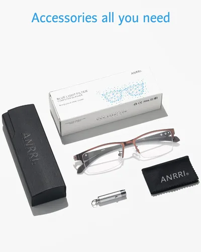Vista 6 de ANRRI Gafas de luz azul para hombre, con marco de metal, rectangular, sin montura y bloqueo UV, para computadora Marrón